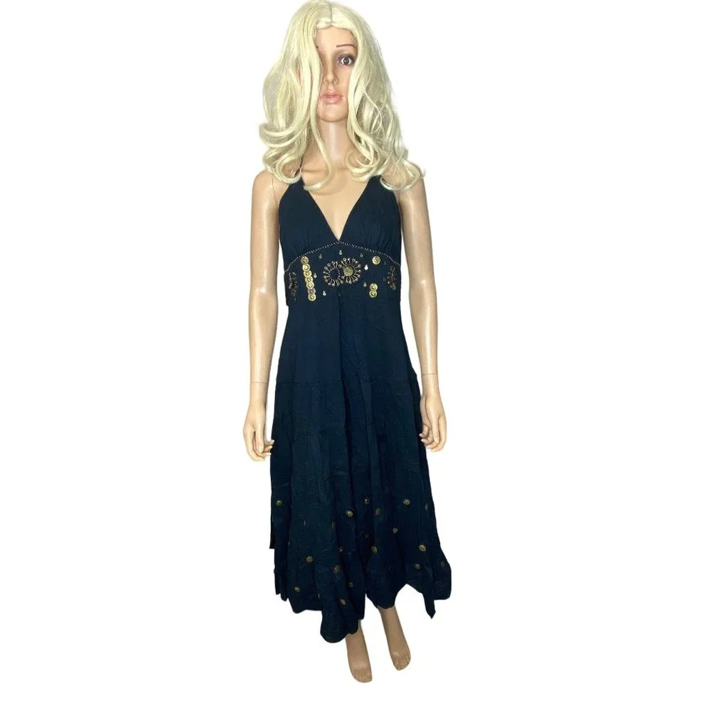 Vasna Women's Halter Cotton Midi Dress Black Boho Gold Coins Embellishments - Picture 13 of 15
